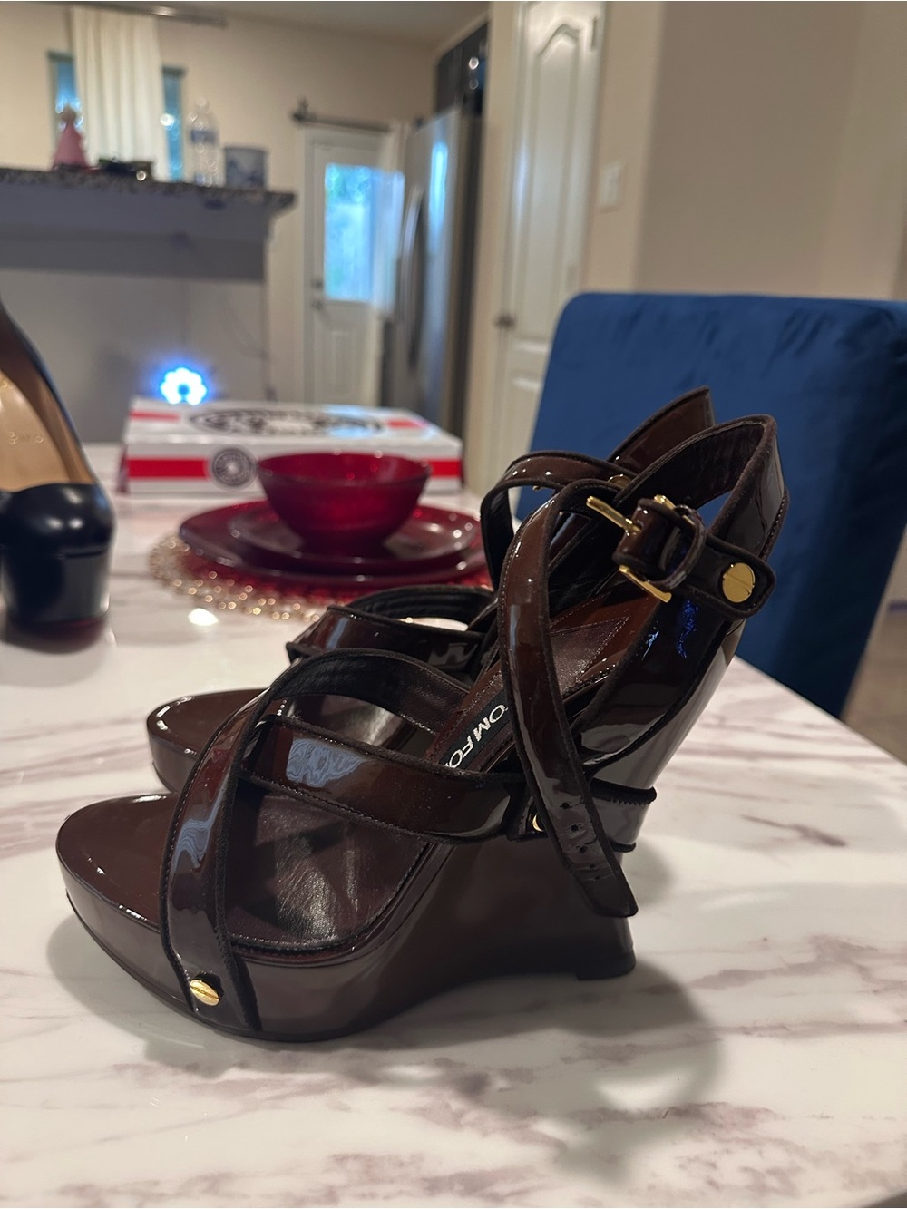 Tom Ford Dark Brown Patent Leather Crisscross Wedge Sandals